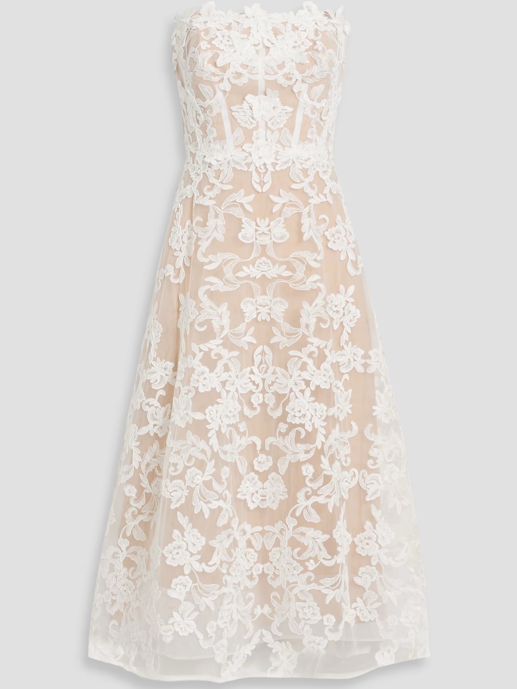 Marchesa Notte Strapless Floral Lace A-Line Dress In White